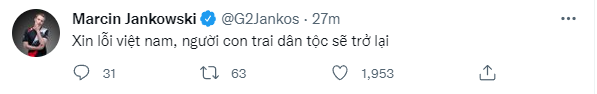 Jankos đăng hẳn bài tweet bằng tiếng Việt để xin lỗi SGB