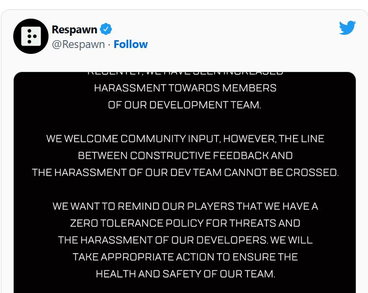 Respawn Entertainment nói về những hành vi cực đoan của game thủ.