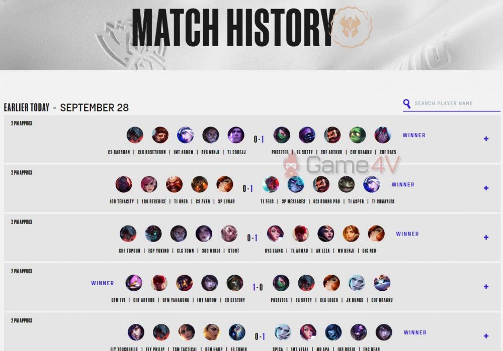 Giao diện cơ bản khi xem lịch sử đấu của máy chủ CQ.