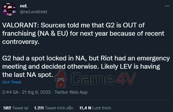 Nguồn tin của neL cho biết LEV sẽ thay thế G2 tại khu vực Bắc Mỹ.