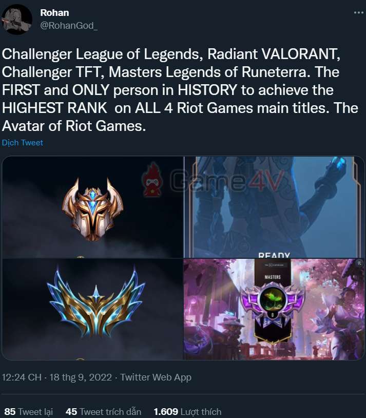 RohanGod chia sẻ bản thân đã leo lên bậc rank cao nhất trong 4 "đứa con tinh thần" của Riot Games.