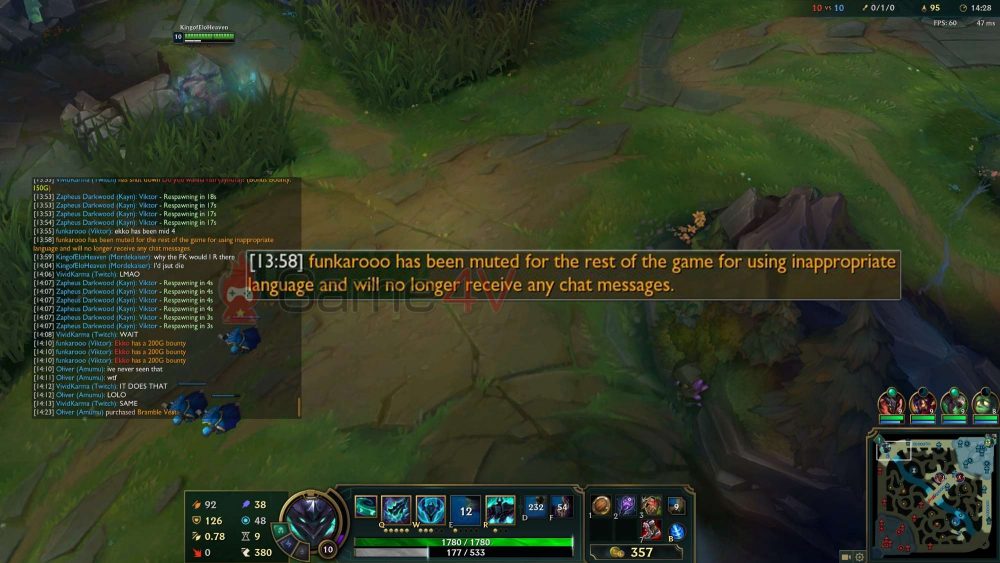 Theo chia sẻ, người chơi Viktor này đã "spam ff" liên tục trước phút 15 và đã bị hệ thống cấm chat trong nháy mắt.