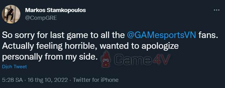 Xạ thủ của RGE - Comp lên tiếng xin lỗi fan GAM sau trận thua trước DRX tại CKTG 2022.