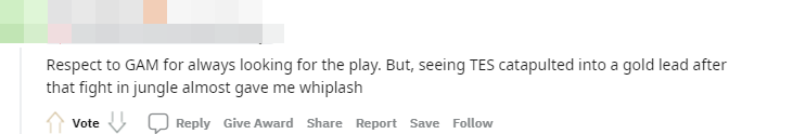 Respect cho GAM khi họ vẫn nỗ lực tìm cách vận hành trận đấu. Nhưng nhìn TES có tất cả mọi lợi thế chỉ sau pha giao tranh trong rừng thì tôi cảm thấy vô vọng