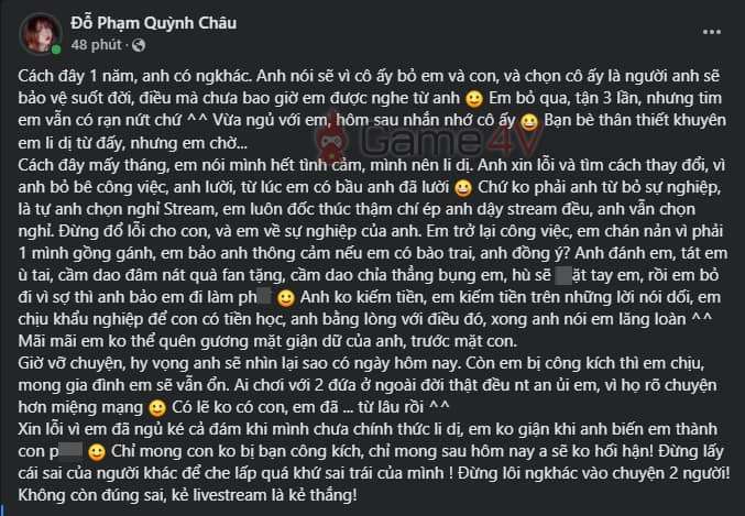 Vợ Hy Nam chia sẻ trên Facebook cá nhân.