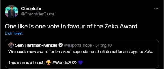 CKTG 2022: Thi đấu quá xuất sắc, fan kêu gọi mở giải thưởng mới mang tên Zeka hc3acnh e1baa3nh 2022 11 01 162545298 1667294746 62