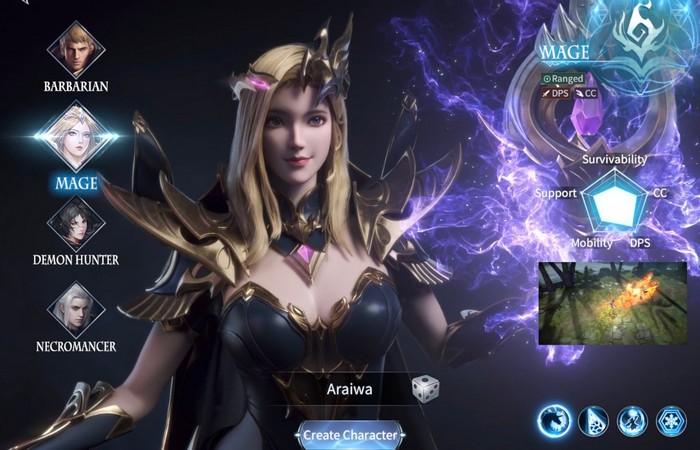 Bước chân vào game bạn sẽ được lựa chọn một trong 4 class chính bao gồm: Demon Hunter, Barbarian, Mage và Necromancer.