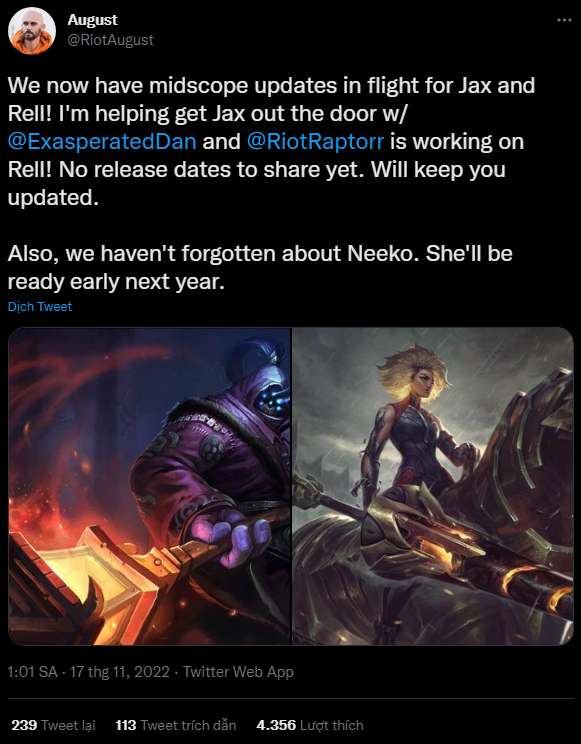 Riot August nói về những vị tướng đang được lên kế hoạch làm lại kỹ năng.