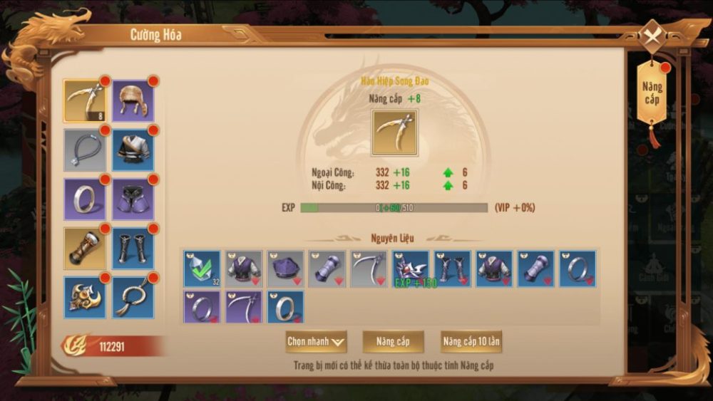 Tính năng nâng cấp trang bị của Thiên Long Truyền Kỳ.