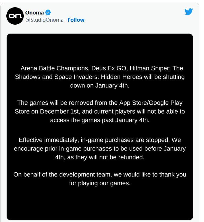 Thông báo của Onoma đóng cửa 4 tựa game.