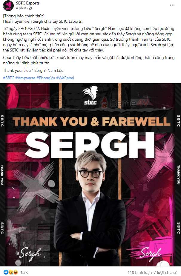 SE thông báo chia tay HLV Sergh.