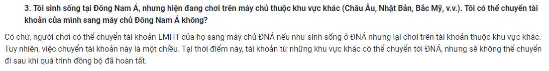 Việc chuyển tài khoản đến khu vực SEA hiện tại là "một chiều".