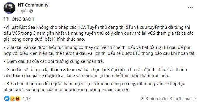‘Đồng cảnh ngộ’ với Doinb, NTCS – giải đấu có Thầy Giáo Ba và Zeros bị cấm vì có ‘nhân tố VCS’ ntcs thong bao 1670671062 32
