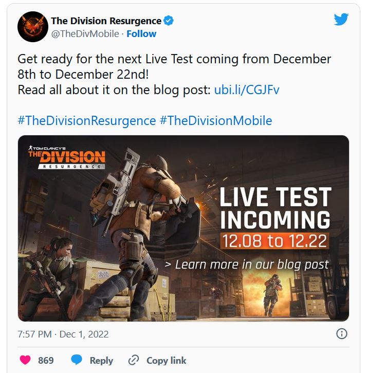 The Division Resurgence thử nghiệm vào ngày 08/12.