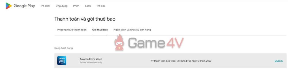 Lựa chọn mục "Gói thuê bao", tìm Amazon Prime Video và chọn "Quản lý".