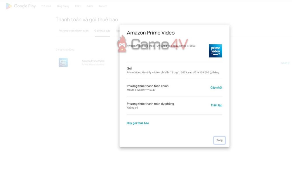 Lựa chọn "Hủy gói thuê bao".