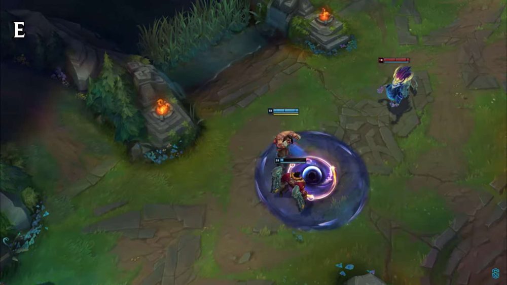 Kỹ năng E gây sát thương hạ gục K'Sante ngay khi vị tướng này chạm vào trung tâm "hố đen".