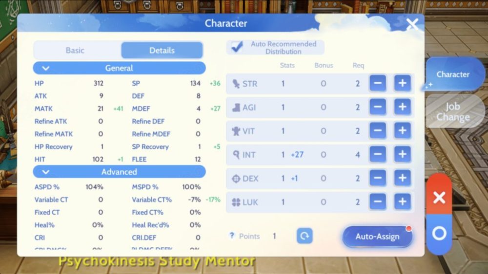 Tính năng nâng cấp bộ chỉ số cho nhân vật.