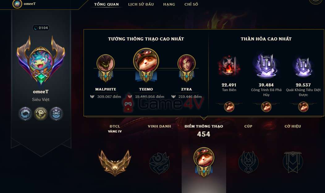 Người chơi có thể tìm kiếm thông tin về tài khoản omeeT trong phần Hồ Sơ Anh Hùng của máy chủ LMHT Việt Nam.