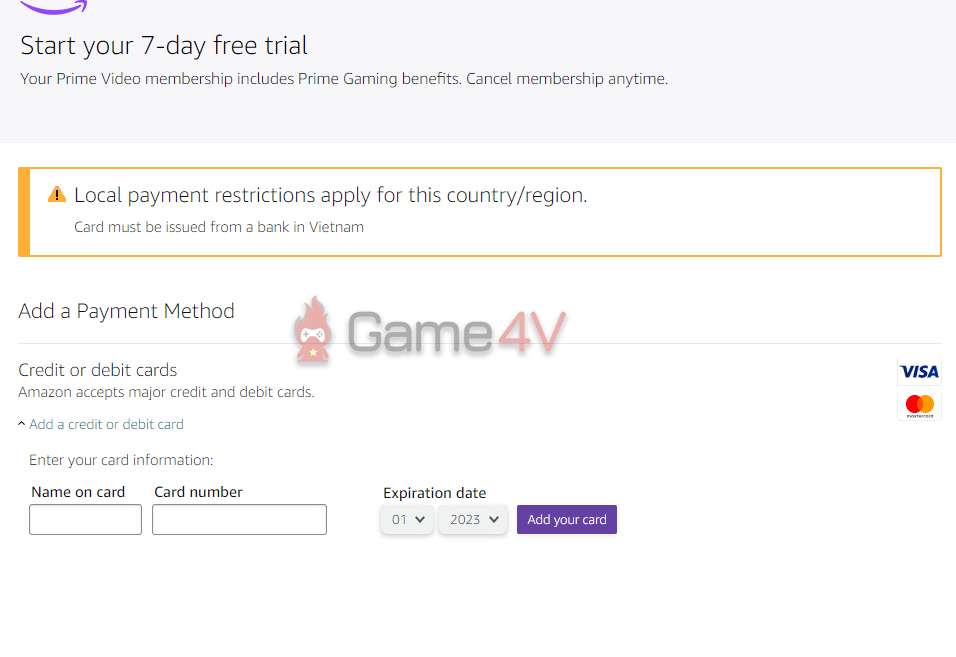 Điền tên và số thẻ sau đó ấn "Add your card".