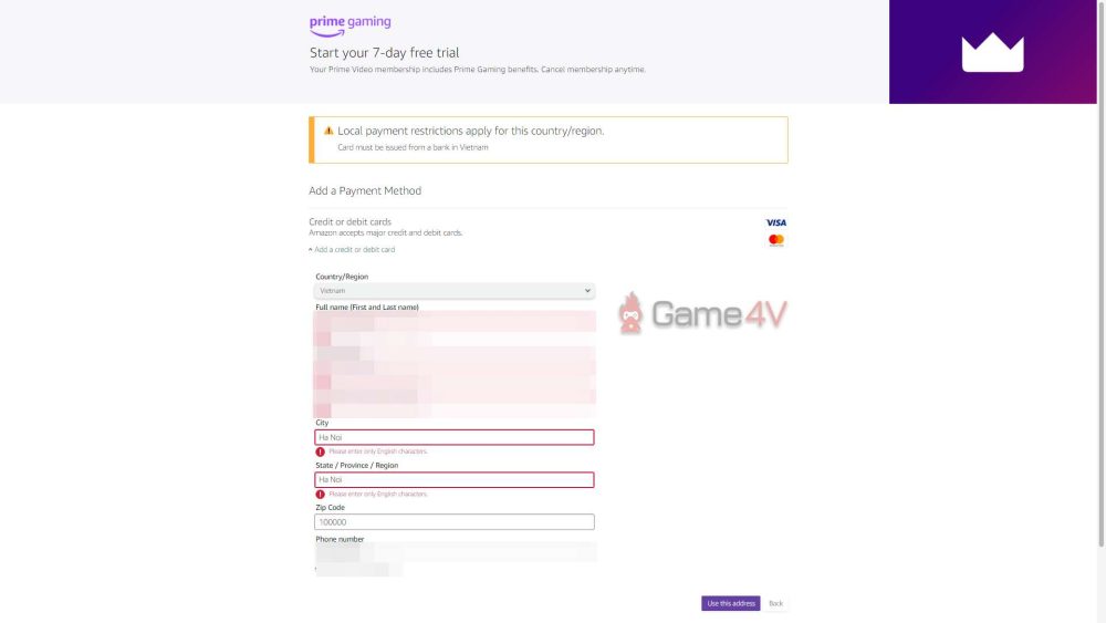 Sau khi điền đầy đủ, ấn vào "Use this address".