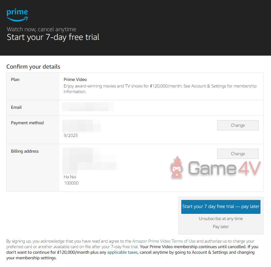 Lựa chọn "Start your 7 day free trial - pay later".