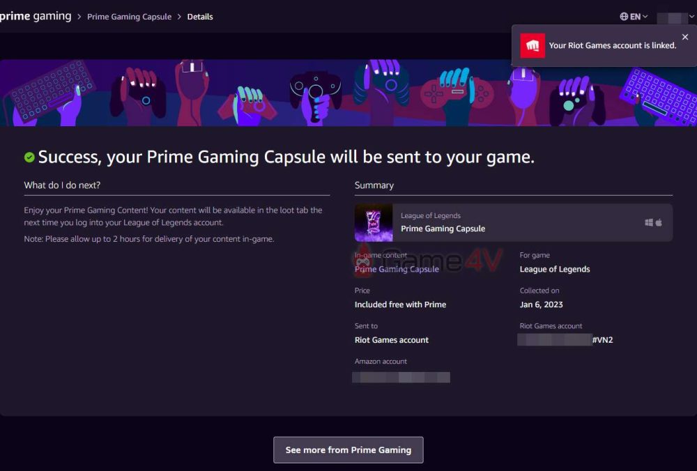 Màn hình thông báo nhận thành công Hộp Prime Gaming.