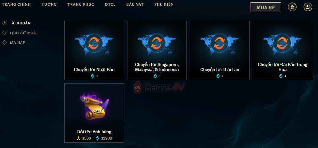 Người chơi LMHT có thể chuyển tài khoản của mình sang máy chủ khác với giá 1 THL.