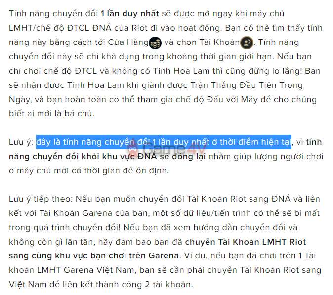 Thông báo trên trang hỗ trợ của Riot Games cho biết "đây là tính năng chuyển đổi 1 lần duy nhất ở thời điểm hiện tại".