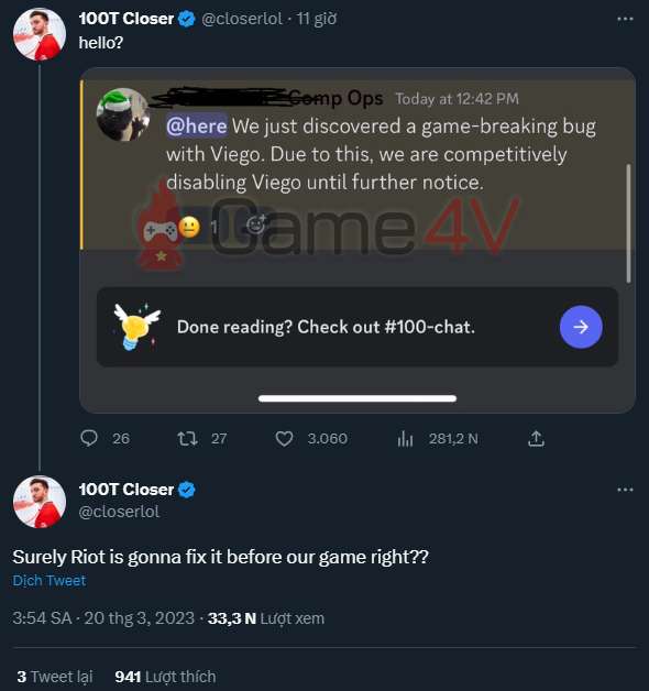 LMHT: Tuyển thủ bất mãn khi Viego bị Riot cấm trong giải vì có lỗi game 100t closer 1679299004 97