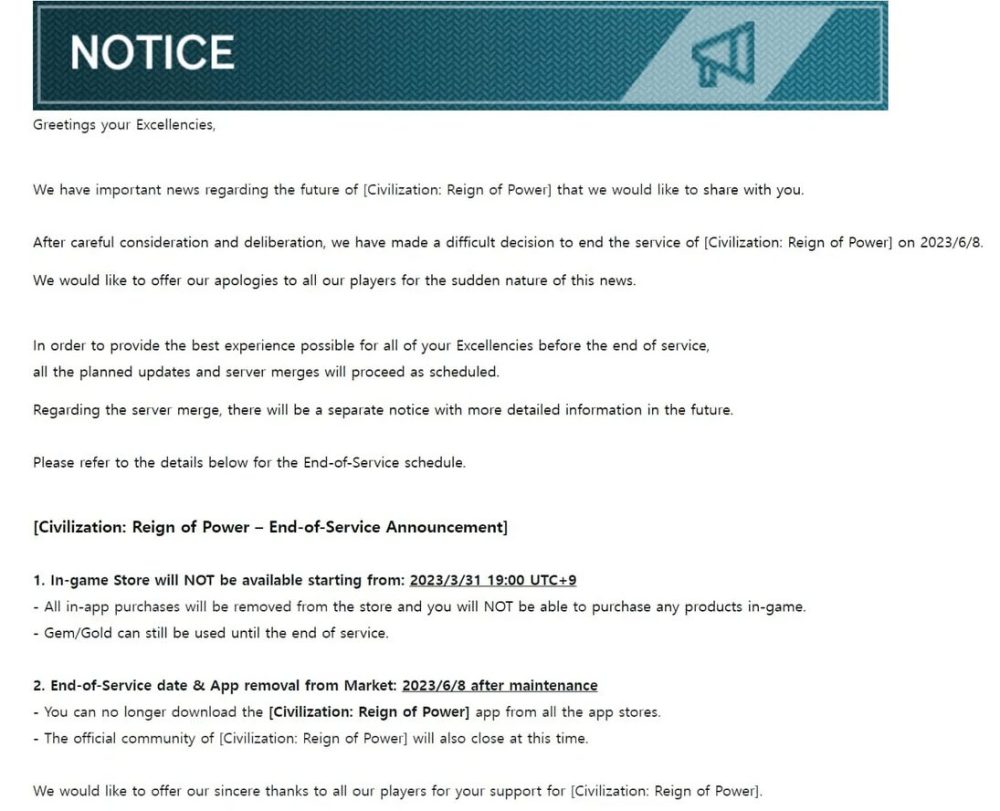 Thông báo đóng cửa game Civilization: Reign of Power.