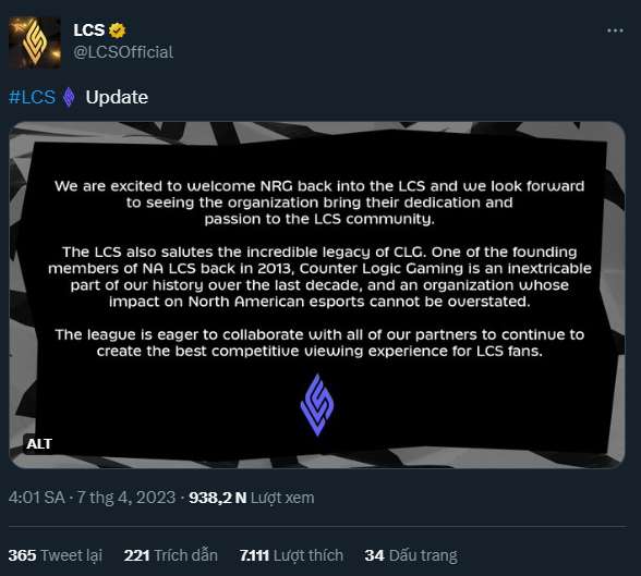 LCS chào đón sự trở lại của NRG sau nhiều năm vắng mặt.