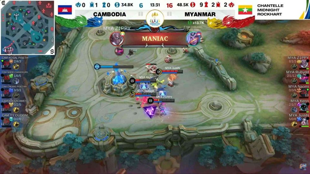 Ván 1 với chênh lệch khổng lồ gần 14.000 vàng giữa 2 đại diện Mobile Legends: Bang Bang Campuchia và Myanmar.