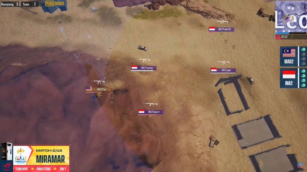 Đại diện MAS2 bị vòng bo hạ gục và INA2 bỏ túi của WWCD của trận 2 Vòng Chung Kết PUBG Mobile.