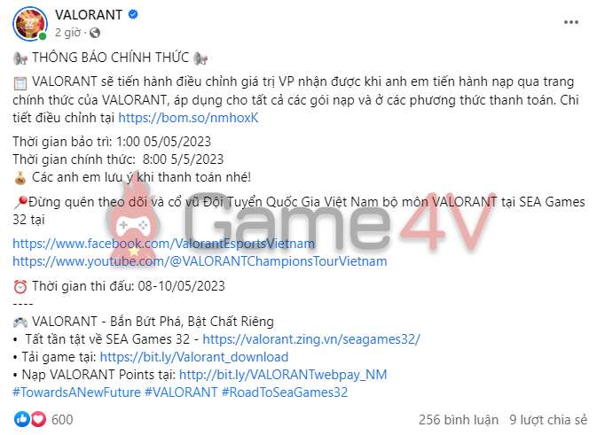 Fanpage VALORANT đưa ra thông báo chính thức về tỉ lệ nạp VP mới.