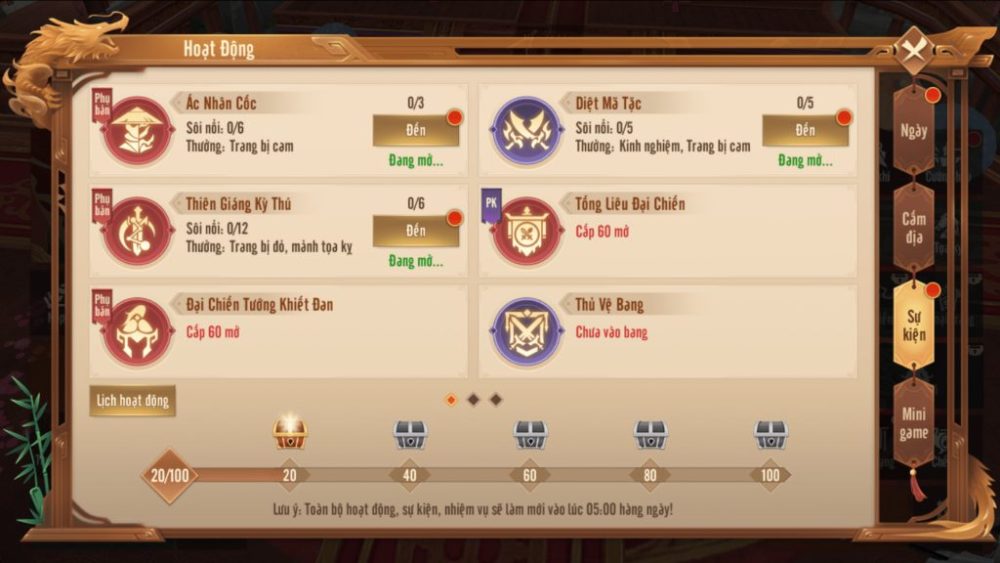 Danh sách các chế độ chơi.