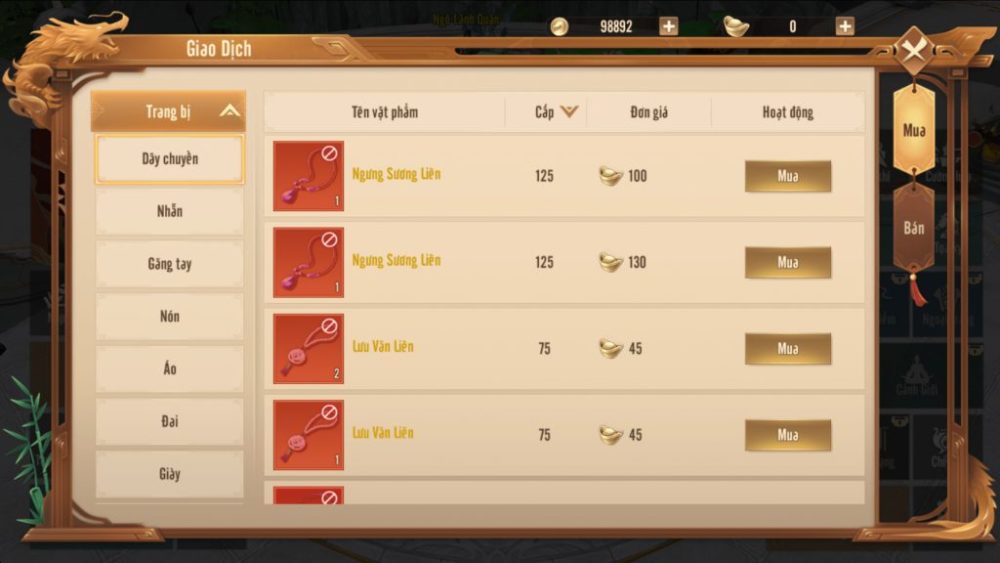 Tính năng giao dịch.