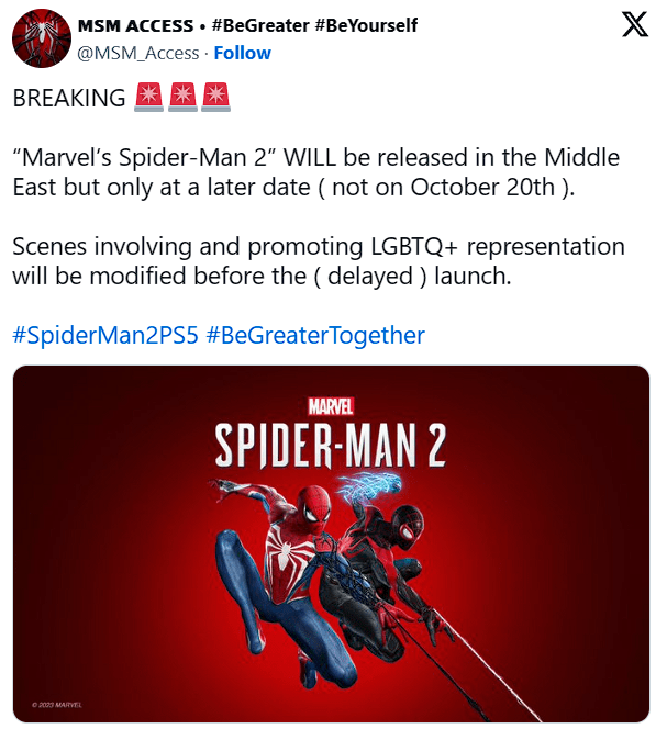 Spider-Man 2 có thể bị cấm phát hành ở một số quốc gia do có nội dung LGBTQ+ game4v spider man 2 2 1690631549 57