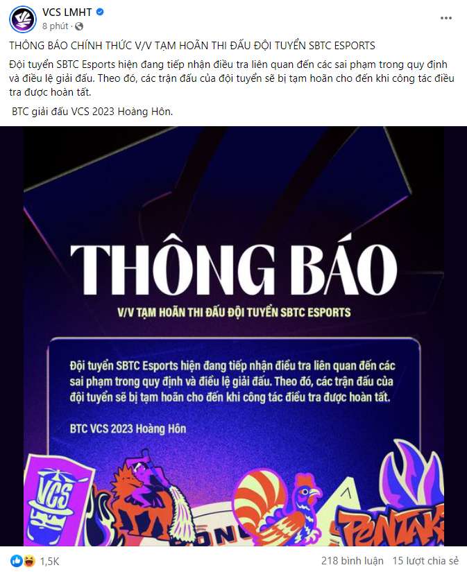 Thông báo chính thức từ fanpage VCS LMHT.