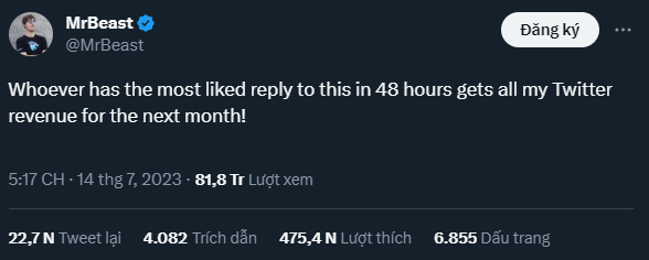 Bài viết của MrBeast thu về hơn 80 triệu lượt xem sau khoảng 24 giờ đăng tải.