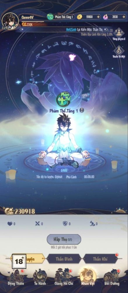 Tính năng tu luyện của nhân vật người chơi.