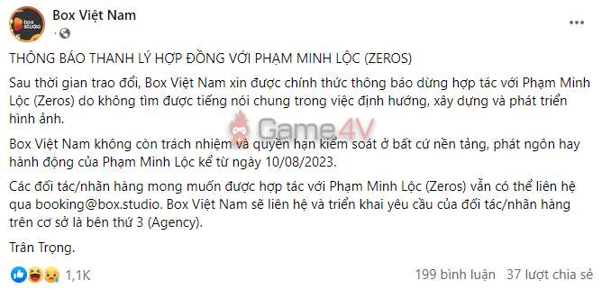 Box thông báo chia tay Zeros.