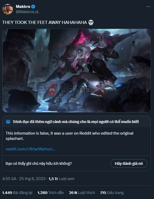 Hình ảnh Briar không còn hở ngón chân thu hút hơn 1,5 triệu lượt xem từ cộng đồng LMHT.