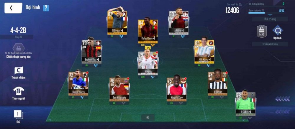 Quản lý đội hình trong Football Pro VTC.