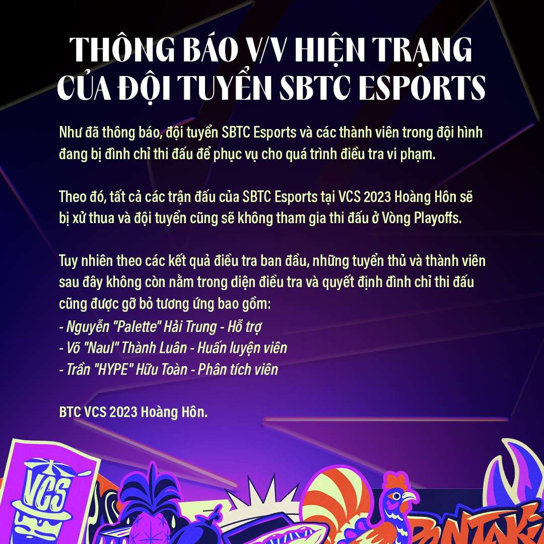 SBTC Esports chính thức bị BTC VCS Hoàng Hôn thanh trừng, Palette là tuyển thủ duy nhất ‘trong sạch’ sbtc 1690957213 48