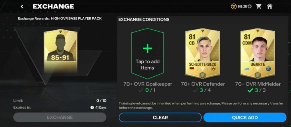 Người chơi có thể đổi một số cầu thủ không cần để lấy gói thẻ với cầu thủ có chỉ số cao hơn.