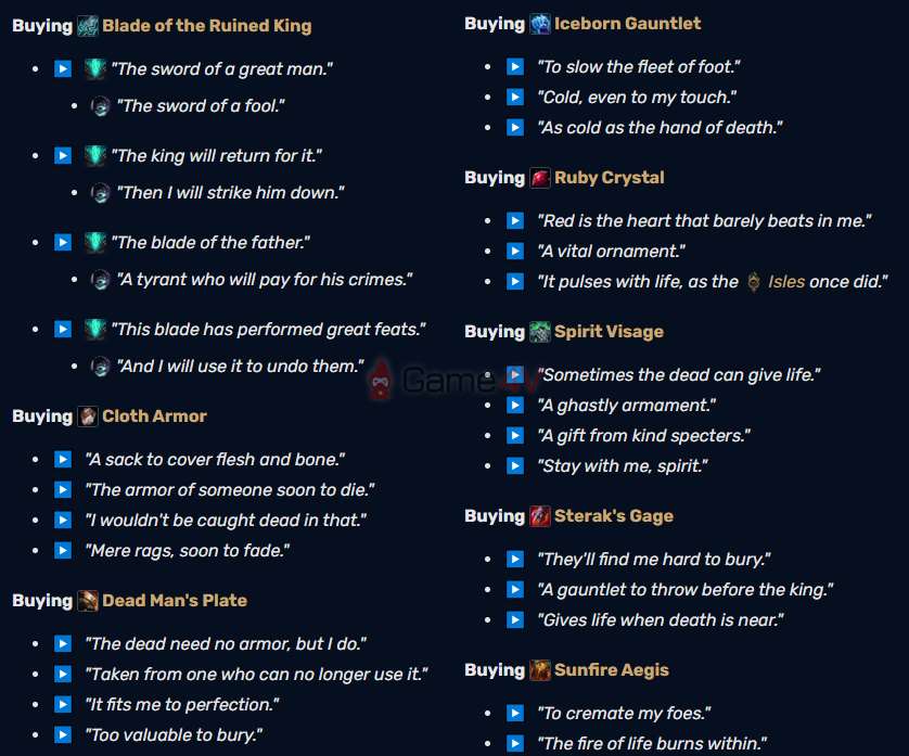 Một số lời thoại đặc biệt của Yorick khi mua trang bị trong LMHT.