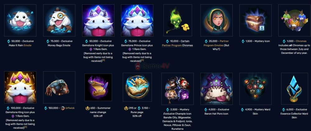 Trong quá khứ, người chơi có thể mua một số biểu tượng với giá 50.000, 75.000 và 100.000 Tinh Hoa Lam để được tặng kèm 1 Đá Quý (tương đương 10 Tinh Hoa Thần Thoại).