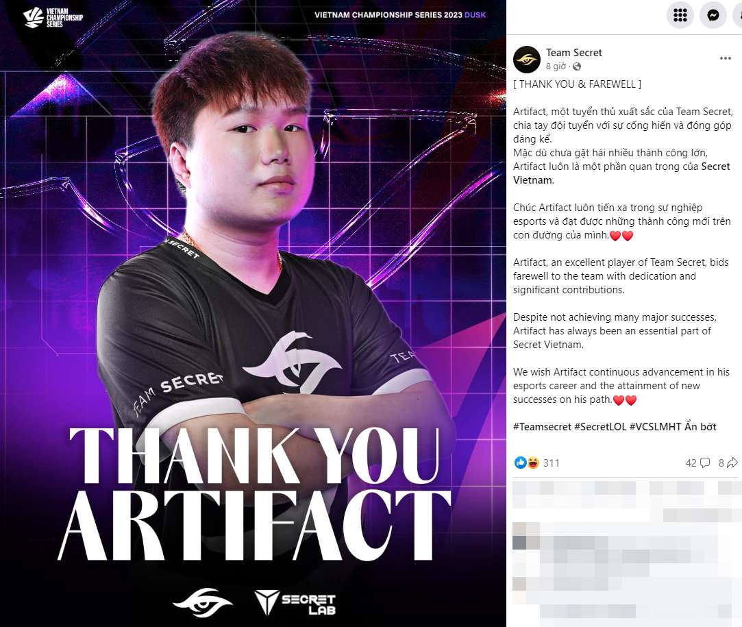 Artifact chia tay Team Secret sau hơn 1 năm gắn bó cùng đội tuyển này.