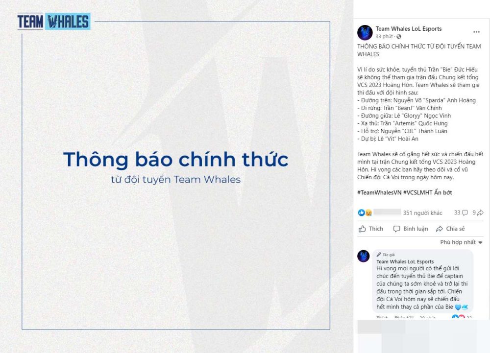 Team Whales sẽ không thể thi đấu với đội hình chính của mình trong trận chung kết tổng VCS 2023 Hoàng Hôn.
